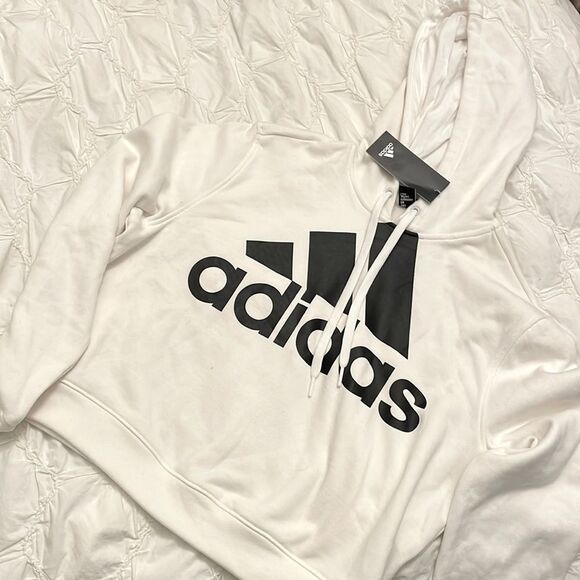 ADIDAS CROP HOODED WHITE SWEATSHIRT SIZE LARGE NWT - Picture 1 of 6
